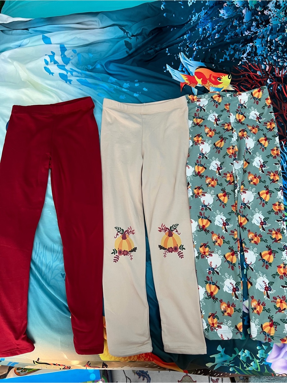 Girls Fall Pumpkin Patch Leggings - Red, Cream & Green Size 10/12